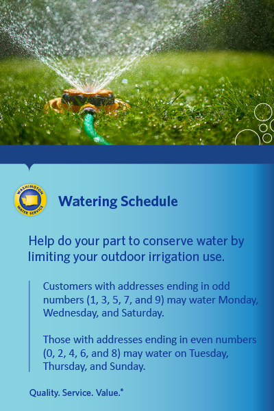 Watering schedule. Help do your part to conserve water by limiting your outdoor irrigation use. Customers with addresses ending in odd numbers (1, 3, 5, 7, and 9) may water Monday, Wednesday, and Saturday. Those with addresses ending in even numbers (0, 2, 4, 6, and 8) may water Tuesday, Thursday, and Sunday.