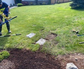 A manhole cover in a residental lawn, closed after Washington Water visual inspection